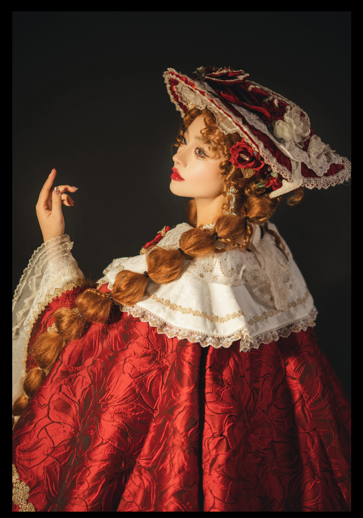 Guaji~Isabella~Wedding Lolita OP Bridal Dress with Tiered Petticoat and Trailing Red Top Hat Only S