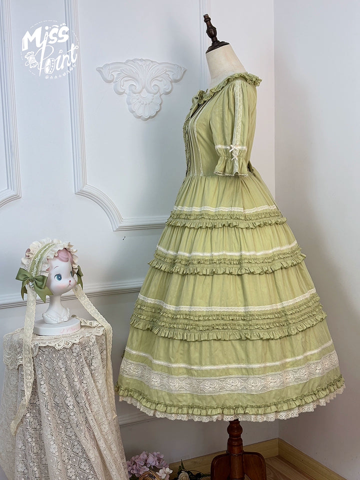 Miss Point~Cat Rose Tea~Elegant Lolita OP Open-front Short Sleeve Tiered Dress 42135:727845