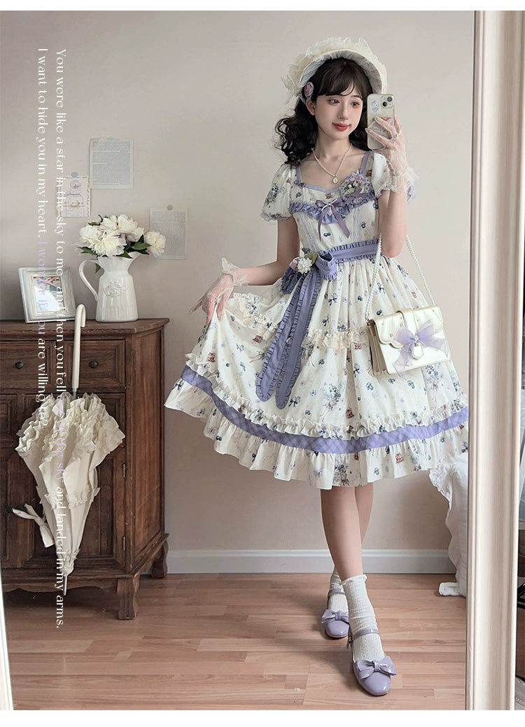 (BFM)Strawberry Fantasia~Blueberry Pie~Country Lolita OP Short Sleeve Floral Printing Dress   