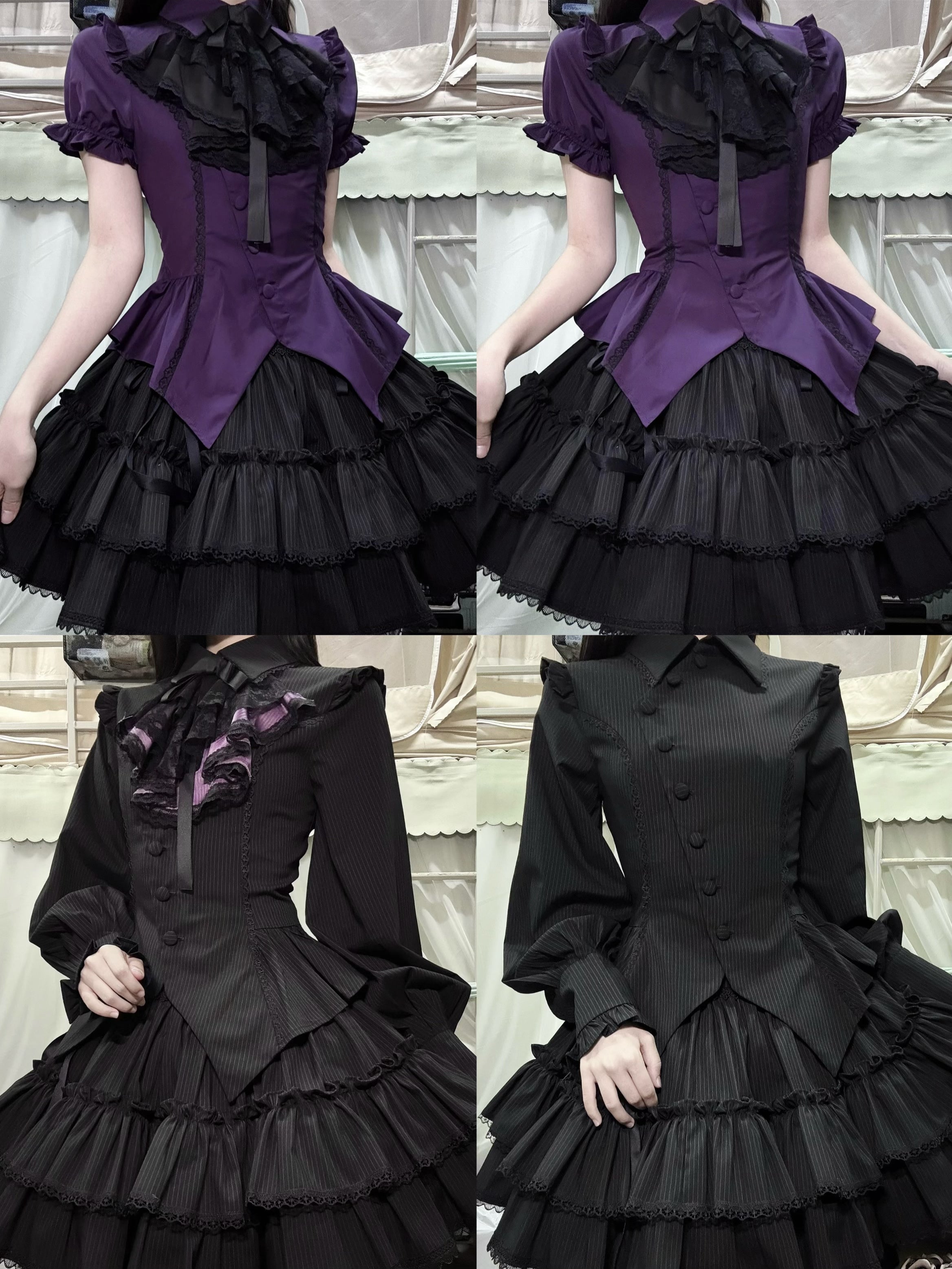 Lyra Nocturne - Gothic Lolita Slanted Placket Shirt Set, Plaid or Striped
