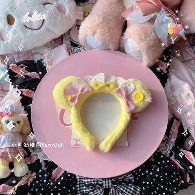 Bear Doll~Kawaii Lolita KC Sweet Butterfly Bow Lolita Headband Yellow Pink Bear Ear KC  