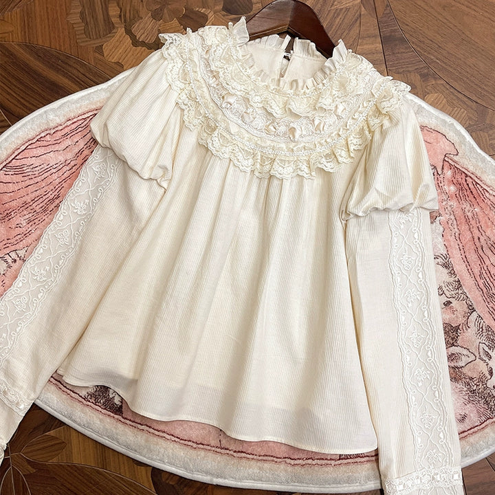 Alice Girl~Bear Castle~Sweet Lolita Blouse Cute Ivory Lolita Shirt XS Ivory (Puff Sleeve) 