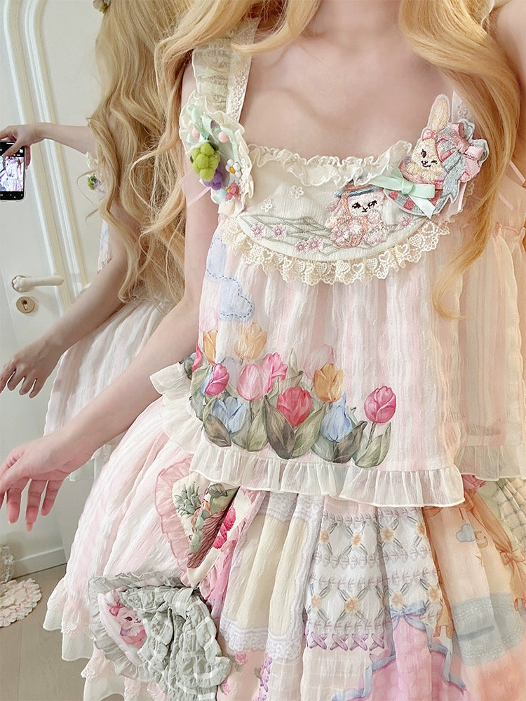 Mewroco~Country Patchwork~Sweet Lolita Dress Set Print OP SK Shirt and Camisole 41848:719004