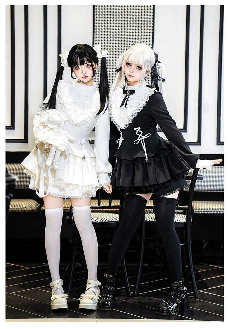 With Puji~Doki~Twin Lolita OP Black/White Goth Dress with Pocketed Shorts