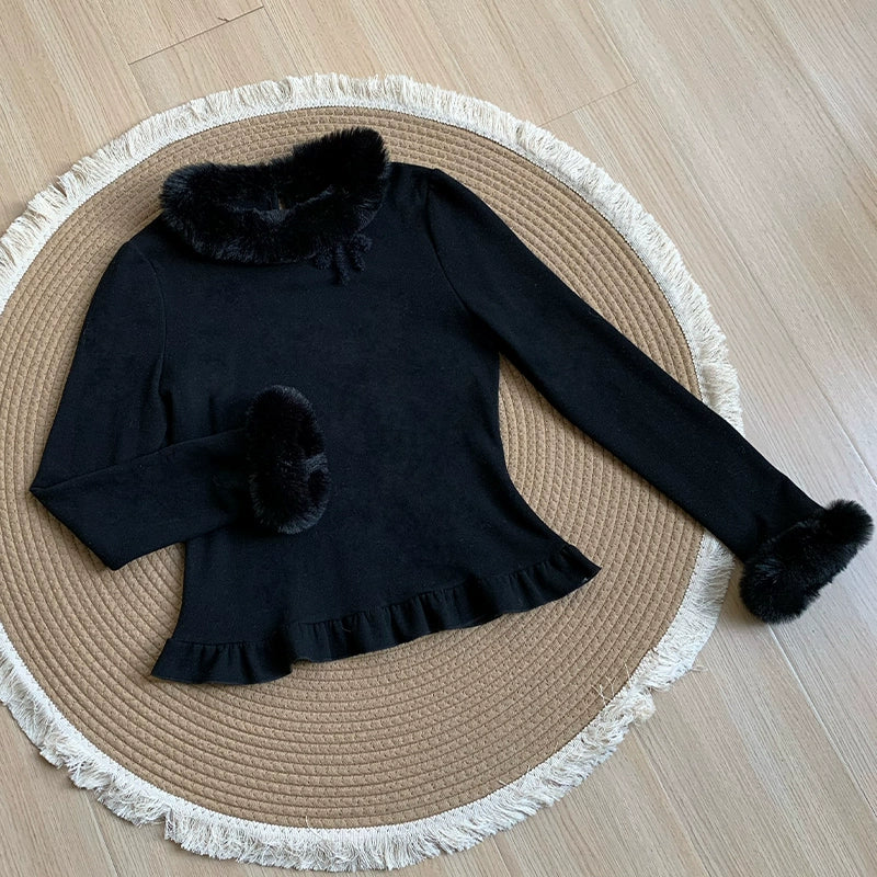 With PUJI - White Chocolate - Winter Elastic Lolita Top with Fuzzy Trims 44259:800859