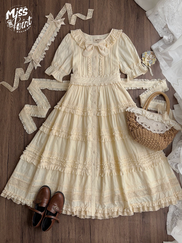 Miss Point~Cat Rose Tea~Elegant Lolita OP Open-front Short Sleeve Tiered Dress 42135:727347