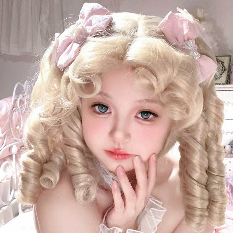 Mabuxi~Elizabeth~Light Gold Doll Lolita Wig Kawaii Roman Curls Ponytail