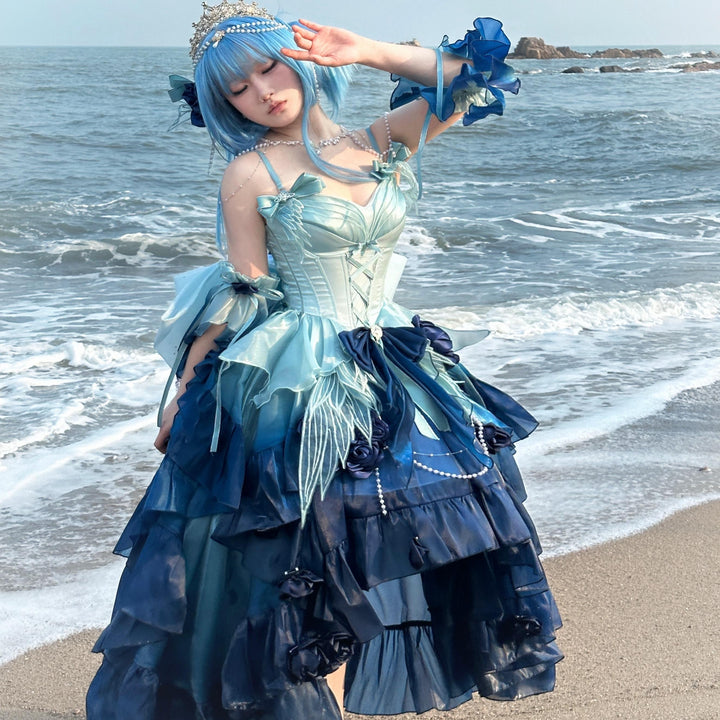 Meowing and Fruity~Swan Wonderland~Fairy Lolita JSK with High-Low Hem Deep Sea Blue - Large Set (JSK+detachable sleeves+trailing set) S