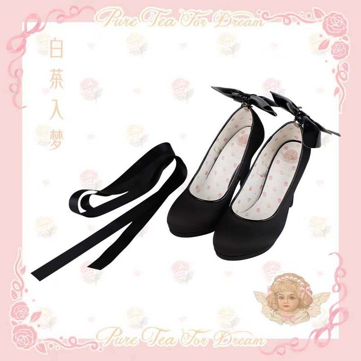 Pure Tea For Dream~Butterfly Specimen~Ballet Style Lolita Shoes Elegant Platform Lolita Heels 34 Satin black 