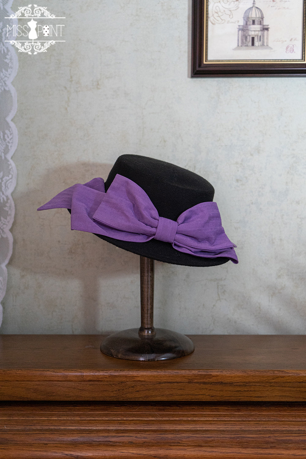 Miss Point - Stripped Lolita Headband Veil Hat Clip Necklace light purple top hat