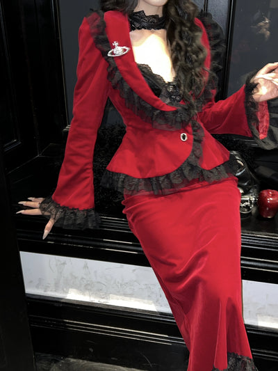 (BFM)BLACKLIST~Poisonous Apple~Christmas Lolita Dress Bungundy Fishtail Skirt Set   