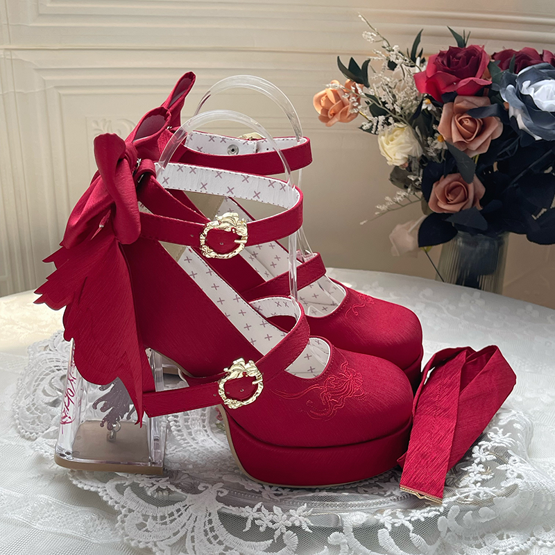 Dreamland - Floating Koi Land - Satin Classic Lolita Platform Shoes, Transparent Heel (Burgundy / 34 35 36 37 38 39 40 41) 44317:804070