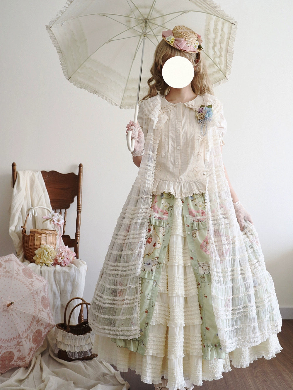 Miss Point~Cat Rose Tea~Sweet Lolita Tulle Cardigan and Long Skirt Overlay