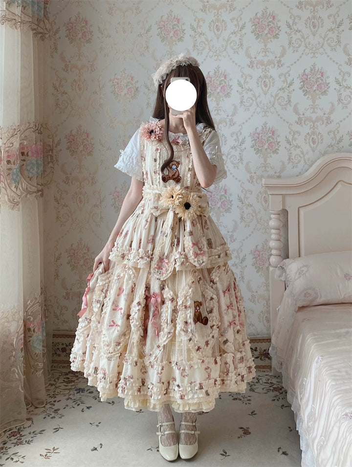 MONO GIRL~Rottengburg Bear~Sweet Lolita JSK Print Hollow-out Ruffles Dress 40730:674886