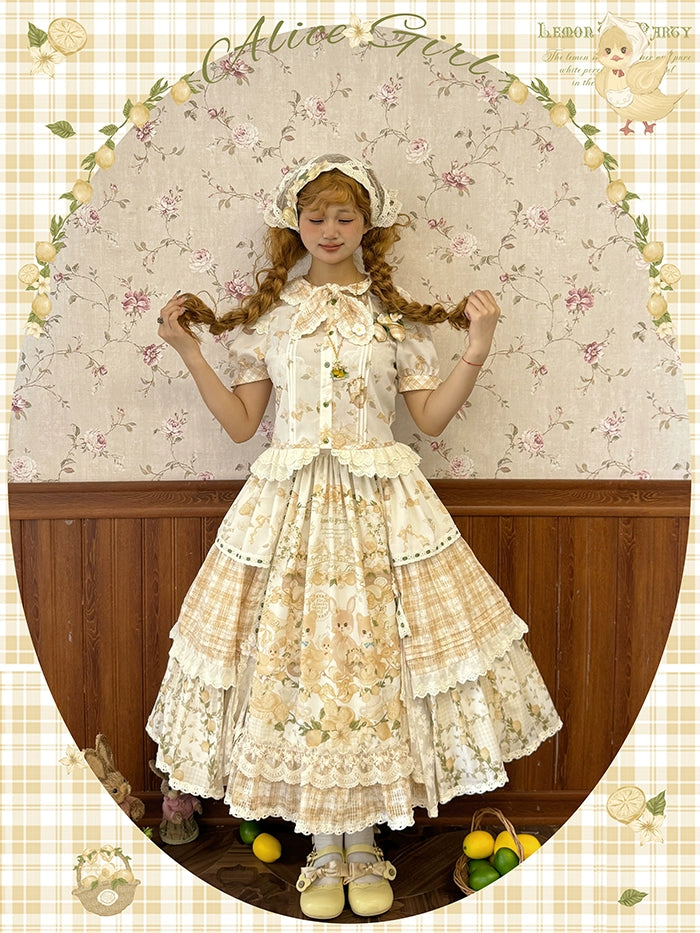 Alice girl~Lemon Rabbit~Kawaii Lolita Bonnet Brooch Embroidered Triangle Scarf   