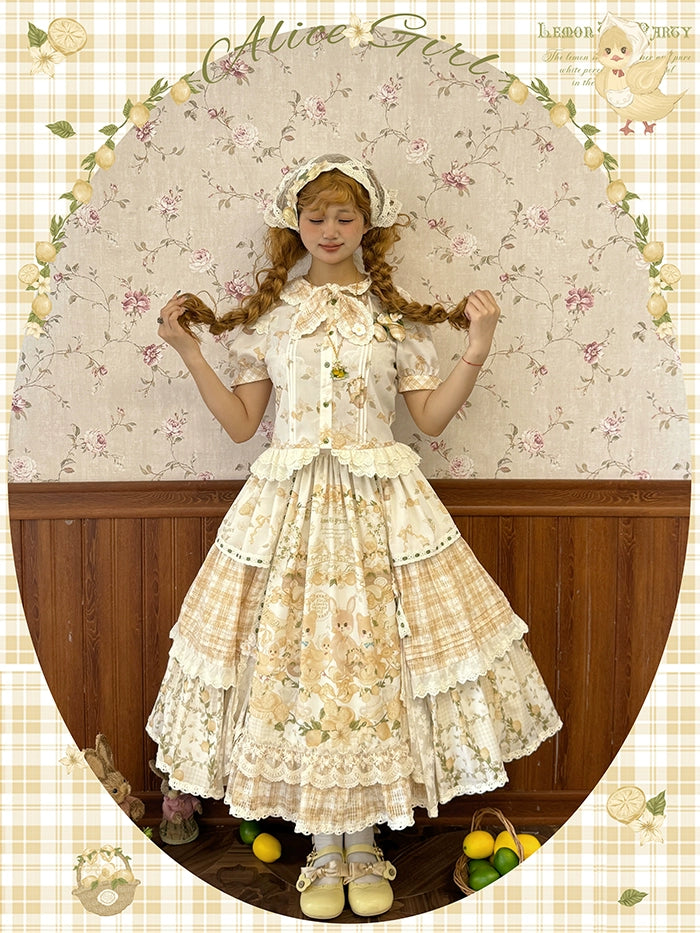 Alice girl~Lemon Rabbit~Kawaii Lolita Skirt Cute Doll Tartan Plaid SK Skirt (Long) XS 