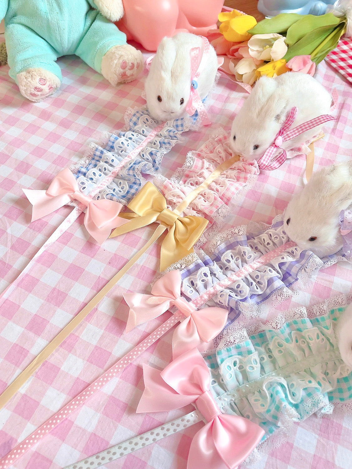 Fluff Mollie~Sweet Lolita Plaid Rabbit Hair Band Multicolor pink  