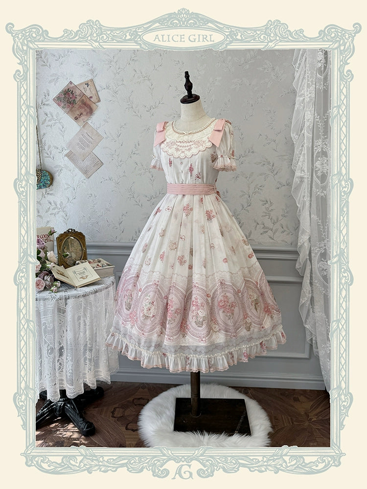 Alice girl~Night Rose~Elegant Lolita OP Dress Floral Print Dress Short Sleeve white and pink long OP XS 