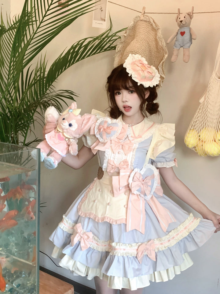 Platycodon House~Mini Cookies Mint Chocolate~Sweet Lolita OP Maid Lolita Dress S Apricot Pink Complete Set (includes hat, apron, large waist bow, and heart-shaped accessory for the chest) 