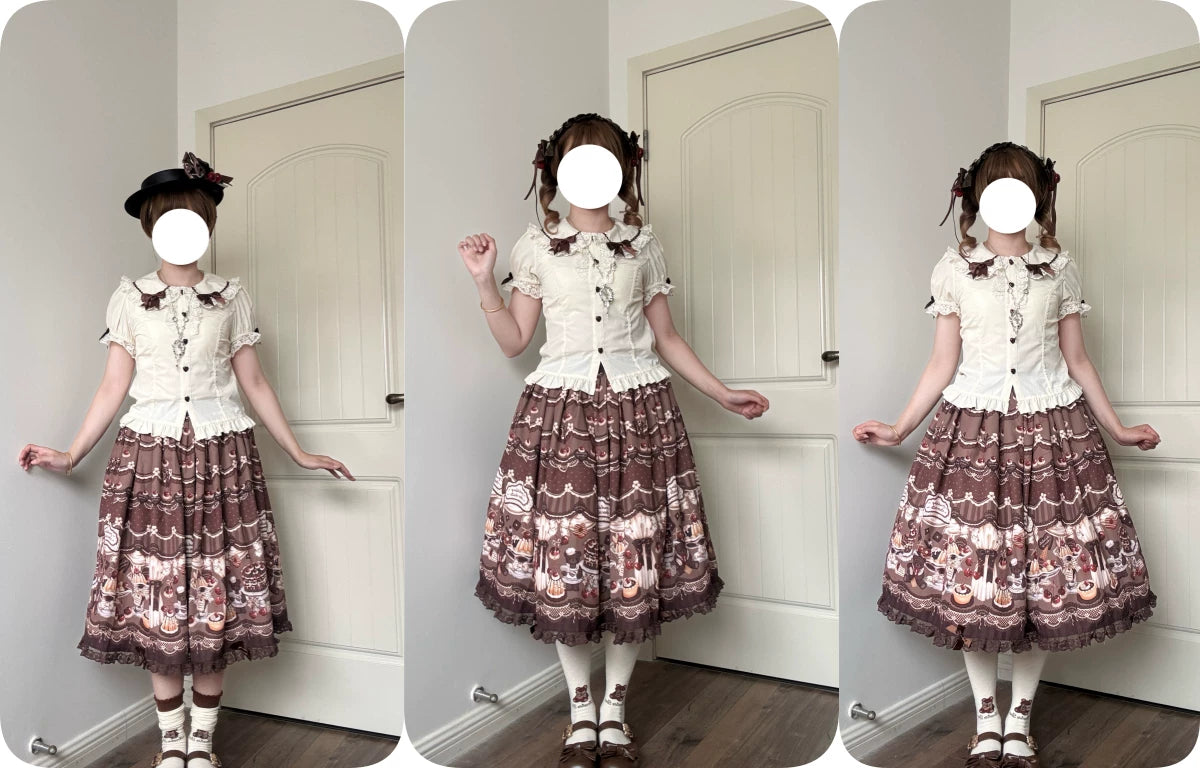 Cherry Choco Bear - Kawaii Lolita Elastic Skirt, Dessert and Cherry Print Brown - Long Skirt Only (with detachable waist bow) S