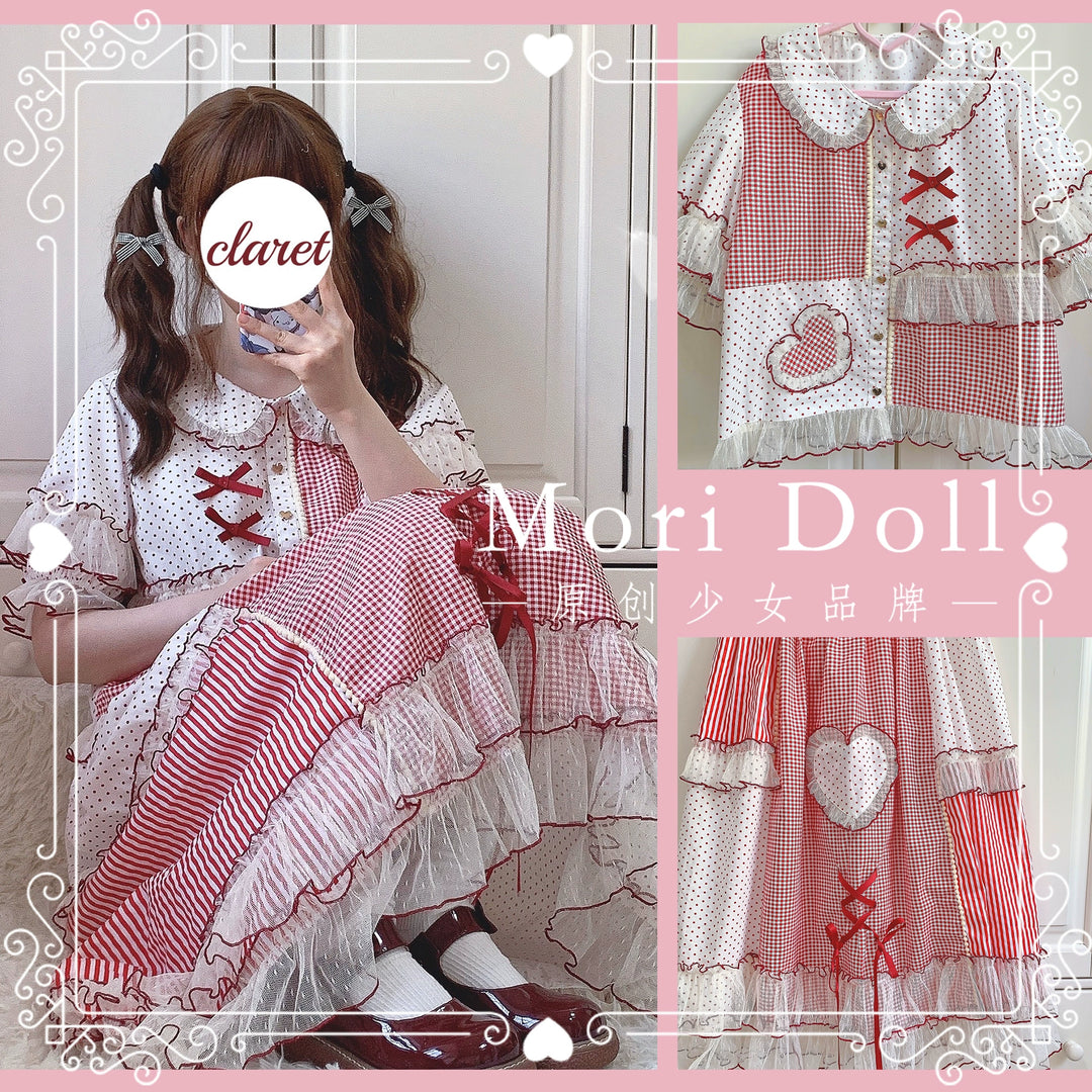 Mori Doll~Peach Tea~Sweet Lolita Dot and Stripe Print Short Sleeve Blouse