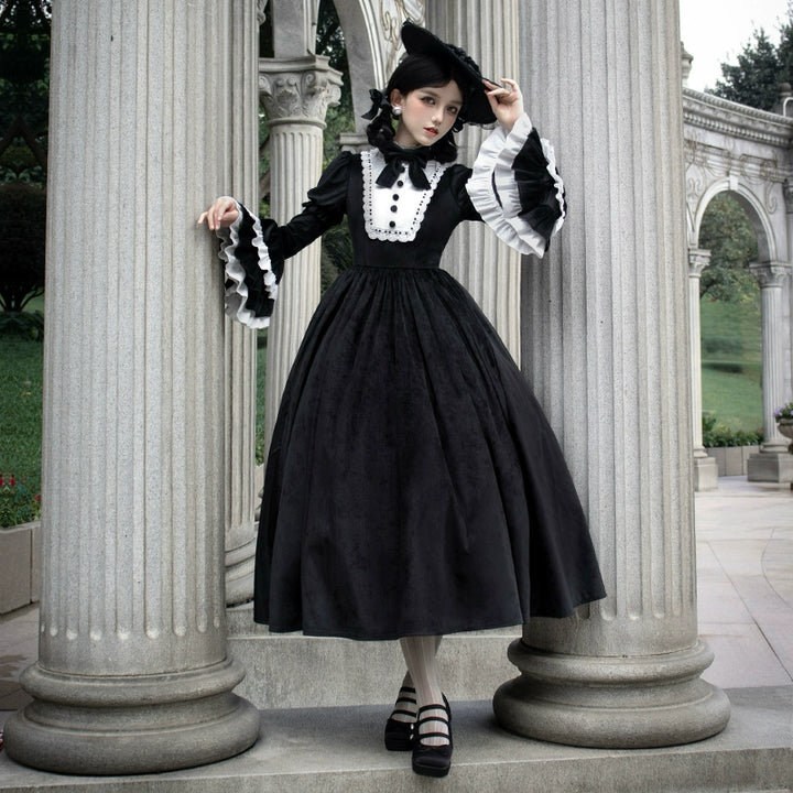 With PUJI~Sleepless Night~Classic Lolita Black OP Dress White Princess Sleeves   