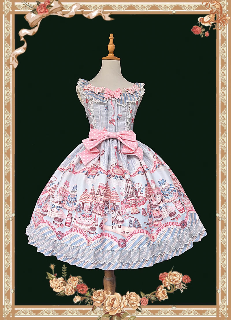 Candy House - Old School Lolita Cake Print JSK Dress, Side Zipper Blue JSK Only S
