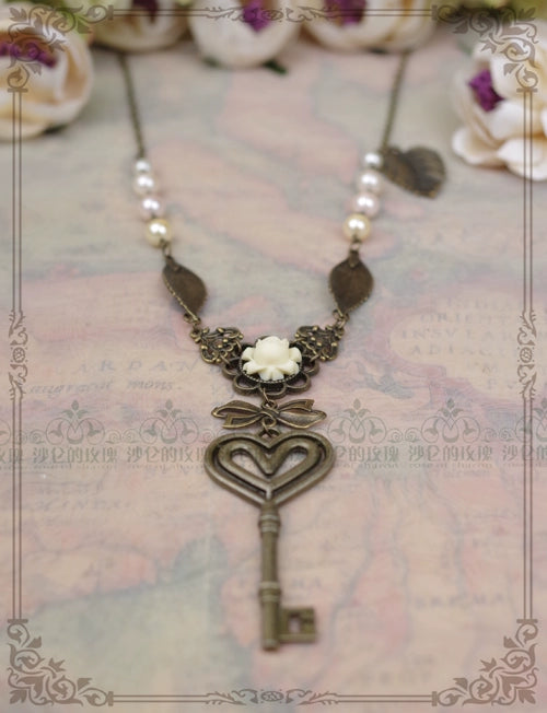 Rose of Sharon~Garden Key~Retro Lolita Necklace Long Pearl Sweater Chain   