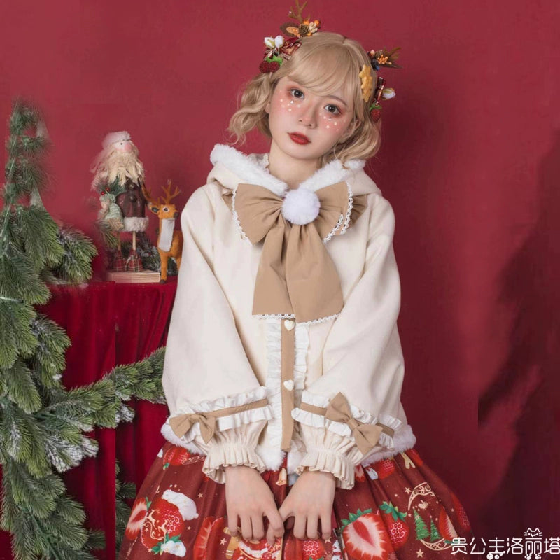 Your princess~Kawaii Lolita Deer Horn Thick Christmas Coat S beige with bows 