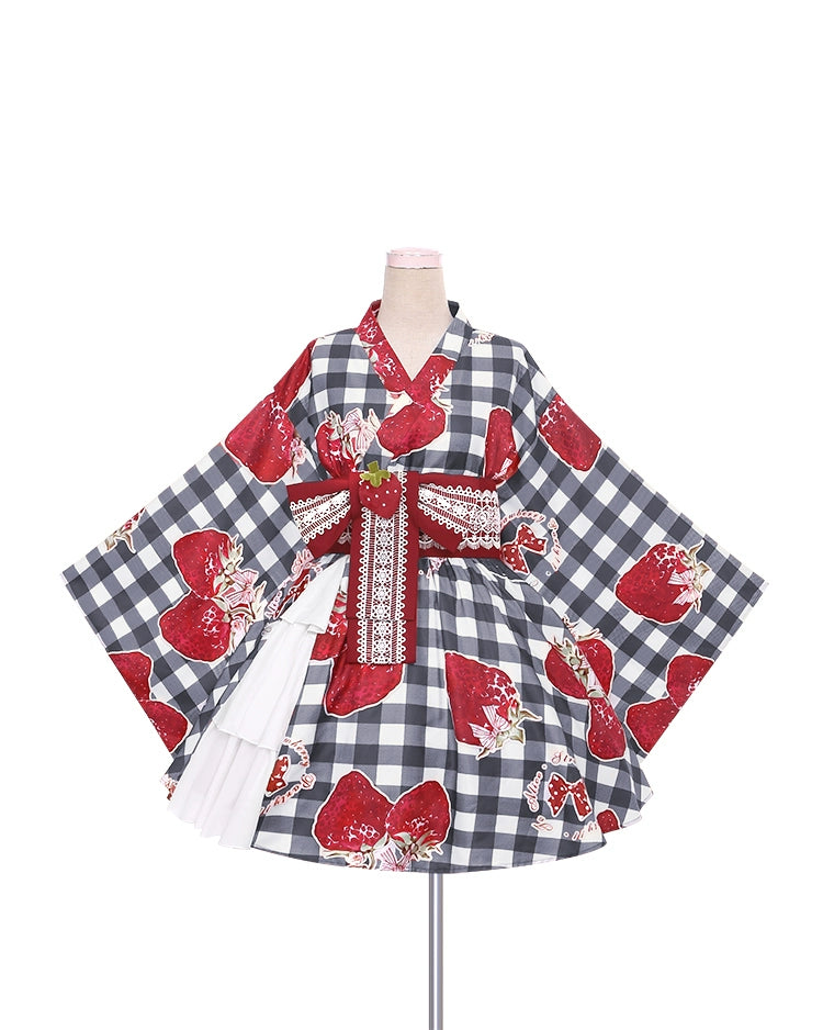 To Alice~Strawberry Party~Wa Lolita SK Set Plaid Coat Kimono Set 0 Black Set(top+skirt+waistband+2 detachable bows) 