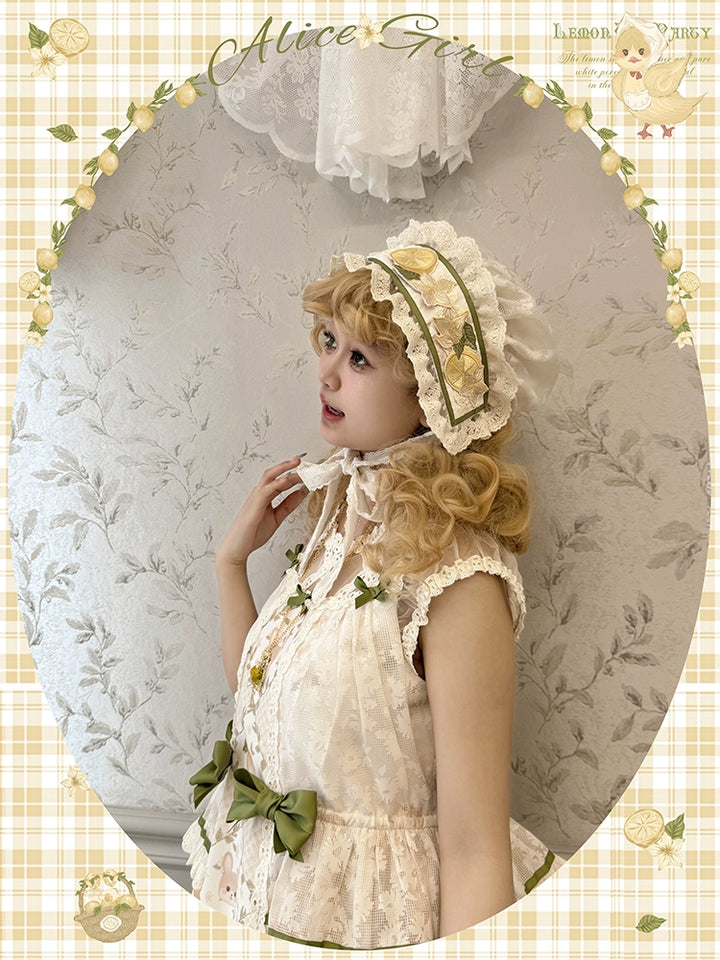 Alice girl~Lemon Rabbit~Kawaii Lolita Bonnet Brooch Embroidered Triangle Scarf Bonnet  