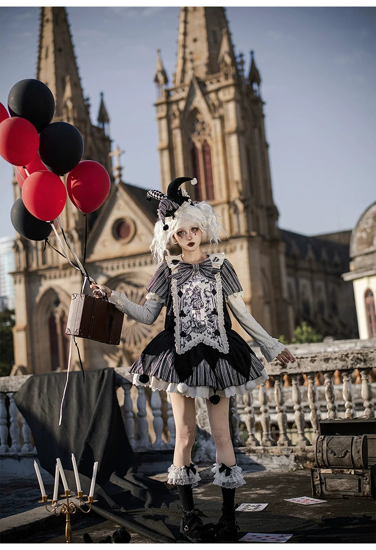 Puppet Mask - Clown Inspired Gothic Lolita OP Dress, Loose Fit 44409:807151
