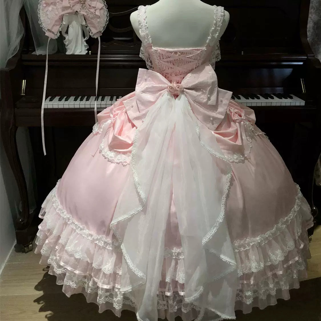 Drapery Poem - Sweet Wedding Lolita JSK Dress, Long Tiered Skirt Pink - JSK + Back Trailing Bow (without choker) S
