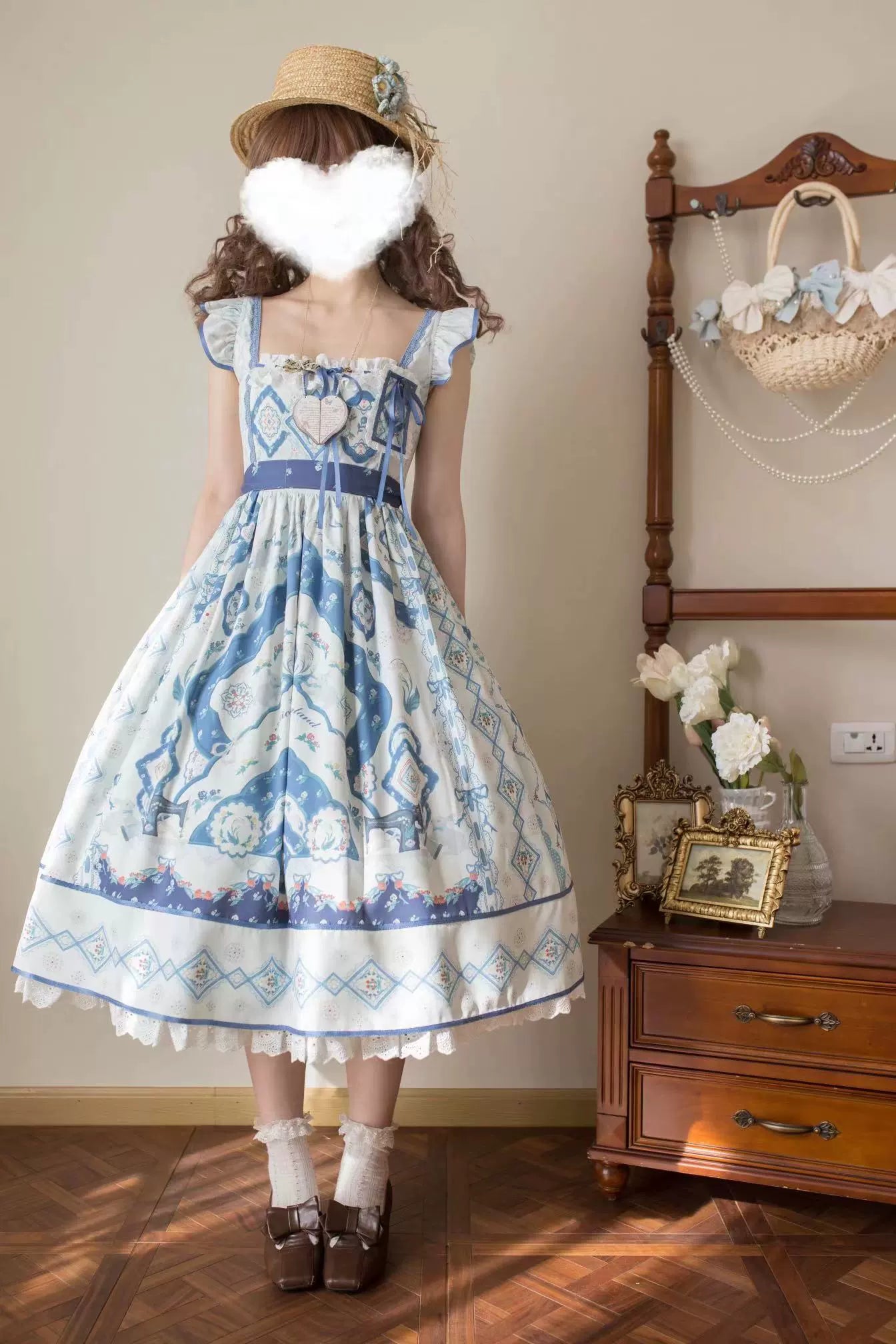 Alice in Wonderland~Rabbit Sewing Machine~Elegant Lolita Dress JSK and OP Floral Dress Set S JSK 