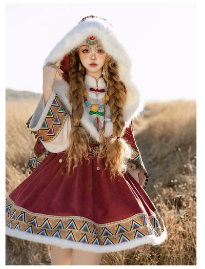 Sakurahime~Wish with God~Winter Lolita JSK Dress Three-piece Set Tibetan Style   