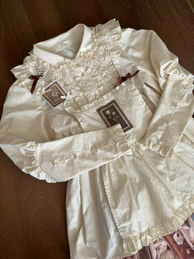 Babyblue~Gretel Bear~Vintage Lolita Dress Teddy Bear Prints Dress S Mutton sleeve long-sleeved blouse 