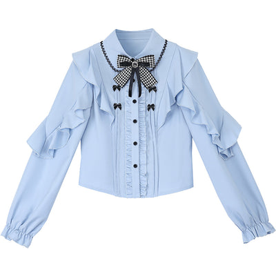 (BFM)Lala JK~Glacier Rose~Jirai Kei Ribbon Blouse Bi Color Shirt Black SK S Long sleeve blouse with a matching bow tie) 