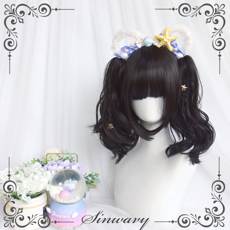 Sinwavy~Pandora's Box~Lolita Short Wig with Cute Double Ponytails black - water wave curls, only a pair of ponytails  