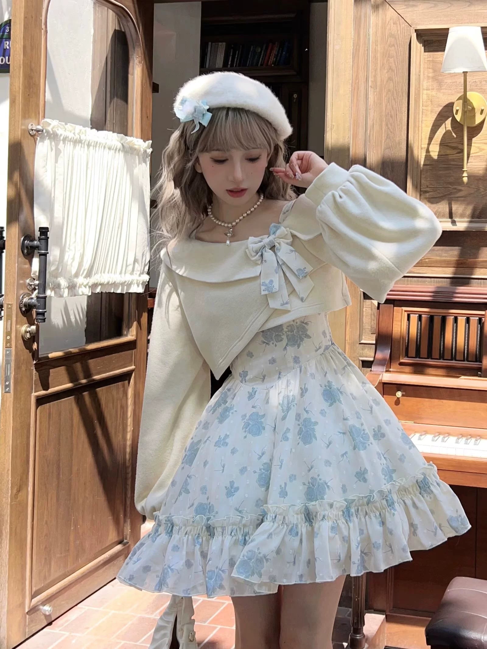 KuMa Lolita - Twilight Rose - Sweet Lolita Dress Sweater and JSK S(In-stock) blue short dress+white sweater