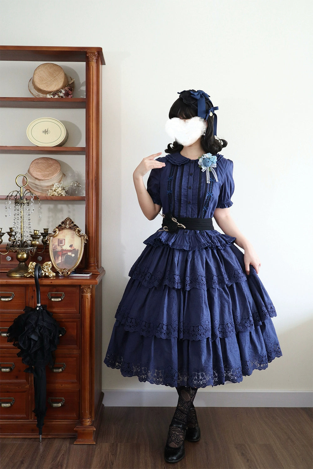 Miss Point - Forest Waltz - Classic Lolita Tiered Skirt Multi-layer Embroidered SK S Navy 3-layer skirt only