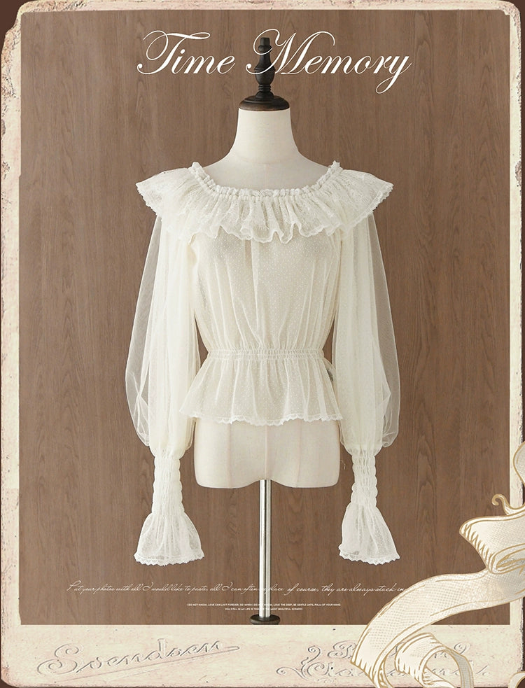 Time Memory~Layered Heart~Sheer Classic Shirt with Mutton Sleeves & Polka Dot Beige (light apricot) Dot - Shirt Only - in stock F