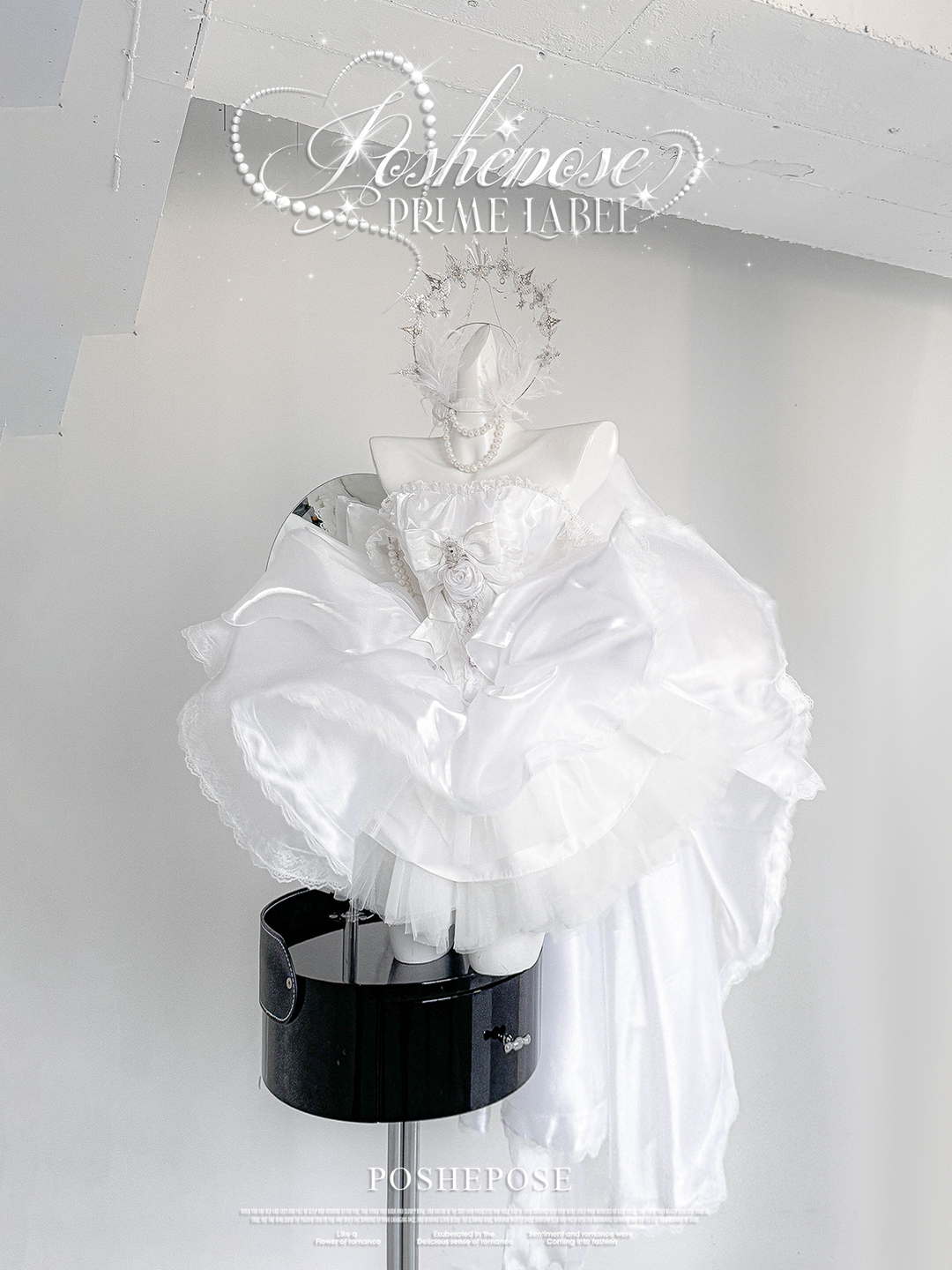 POSHEPOSE~Moonlight Oath~White Lolita Satin Skirt Set with Bodice and Bow Trailing