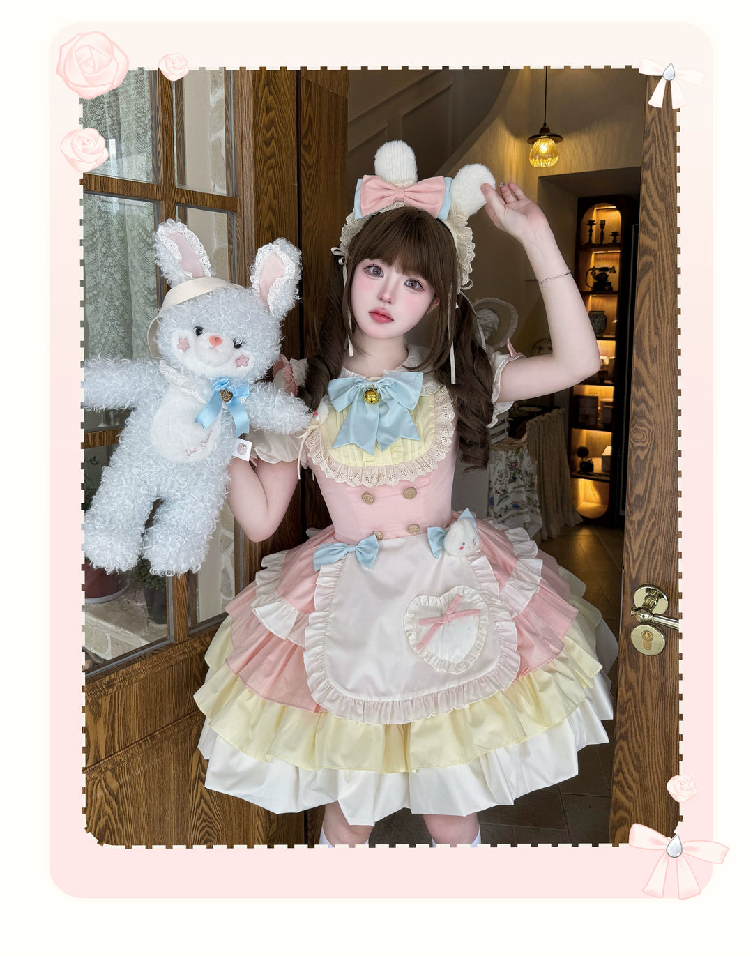 Platycodon House - Cream Puff - Sweet Lolita Apron OP Dress, Bunny & Bear Details Yellow and pink OP (with apron) XS