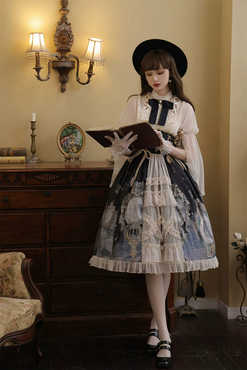 Clock Butterfly - Gothic Lolita Printed Blouse and Corset Skirt Set
