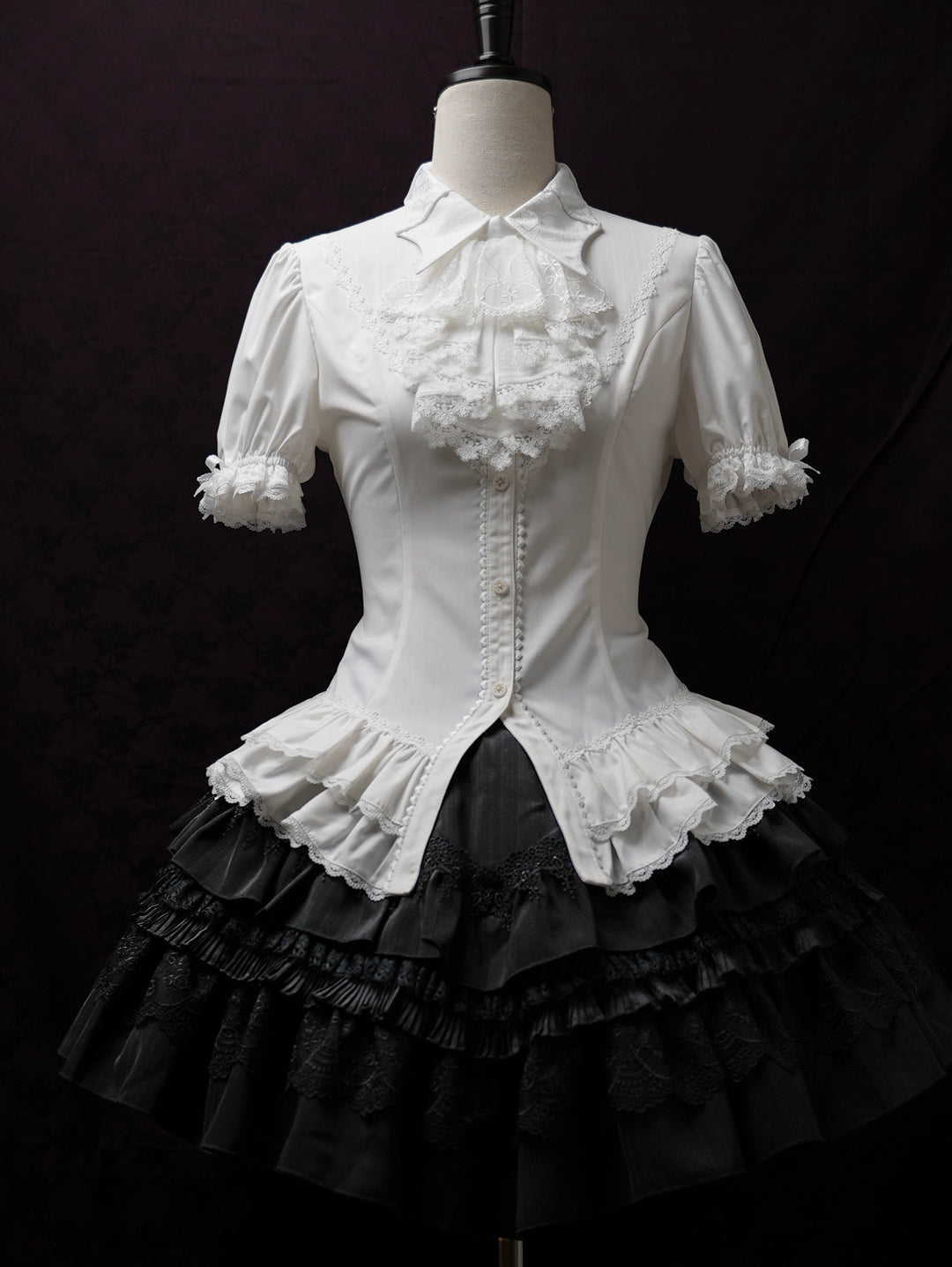(BFM)Lilizi~Crumbled Gift~Gothic Lolita Shirt Short Sleeve Blouse Neckerchief Brooch XS White shirt + white necktie 