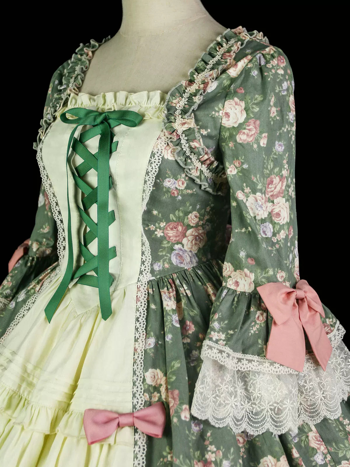 Classic Lolita Rococo Floral Print OP Dress, Lace Hime Sleeve 45668:857607