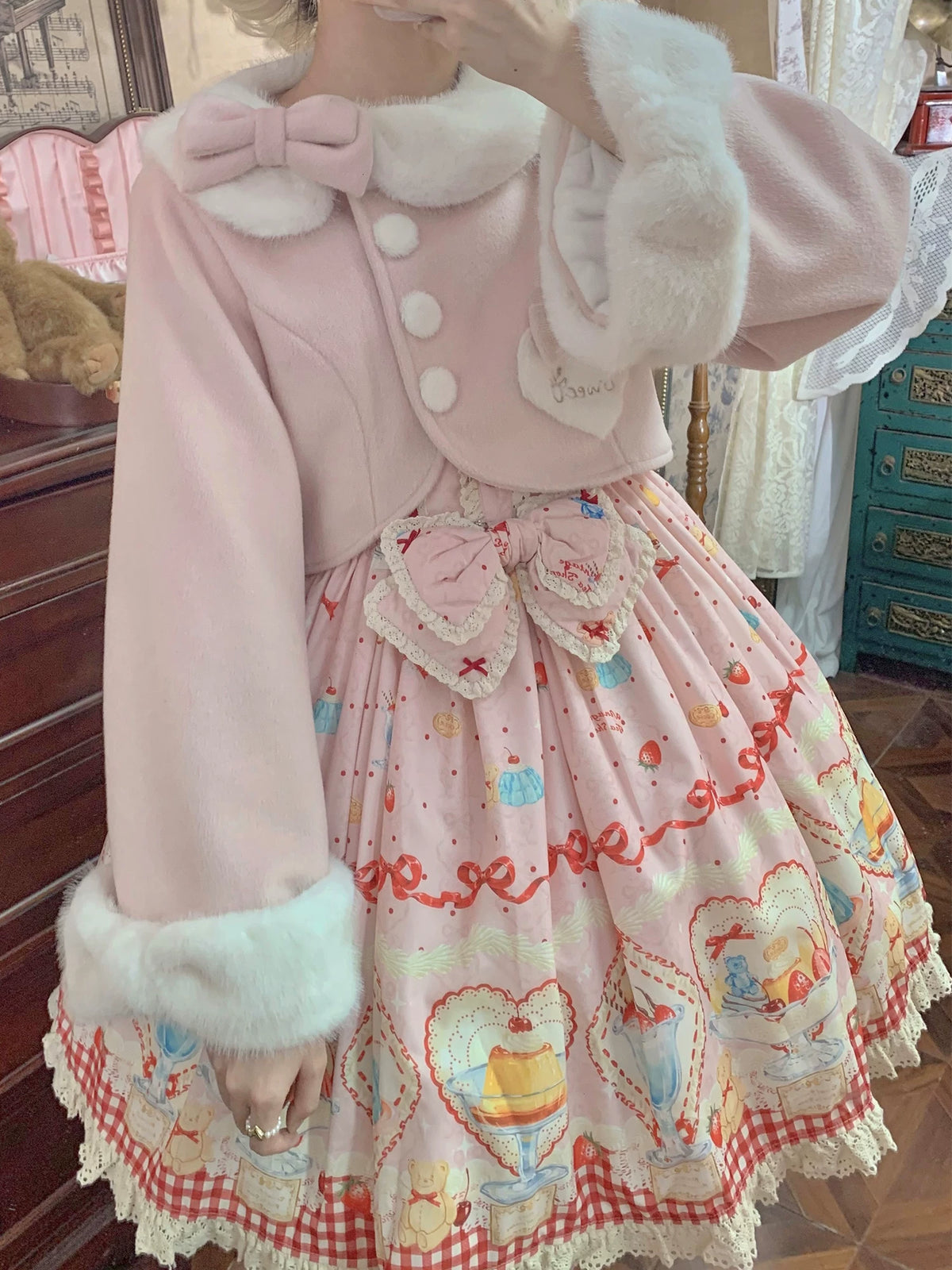 Rabbit Heart Knot - Sweet Lolita Winter Short Coat, Detachable Bunny-Ear Collar 45891:866874