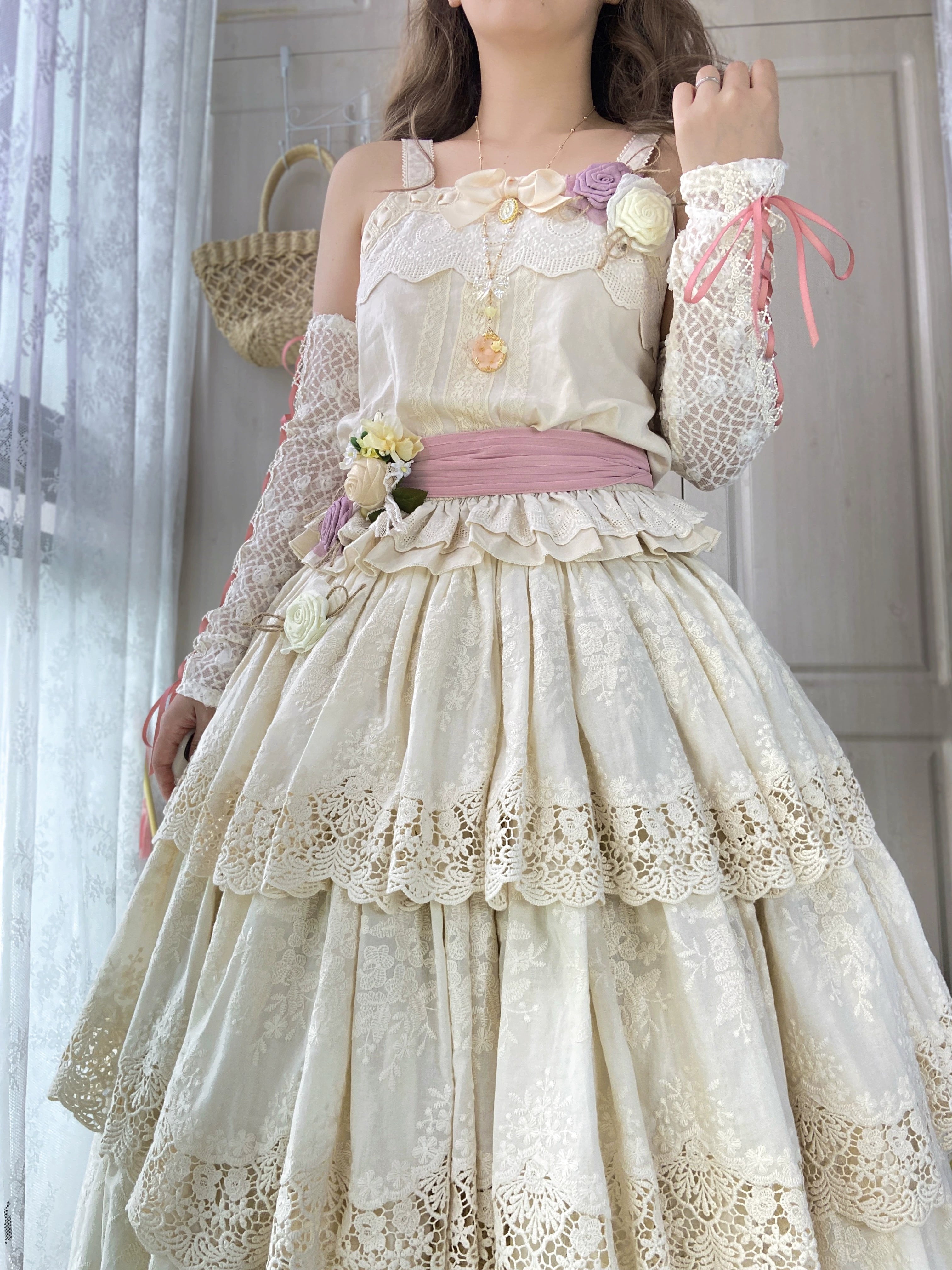 Miss Point - Forest Waltz - Cotton Lolita Camisole Embroidered Cami Top XS Ivory Loose camisole(with a bow pin)