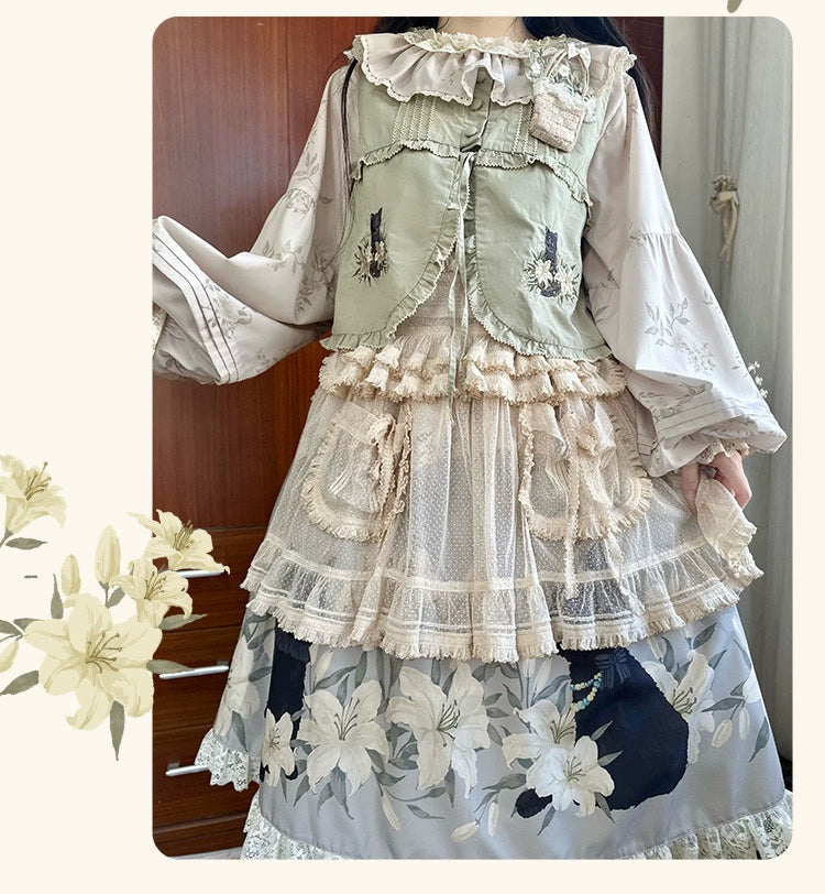 Akiyama Future Studio~Black Cat and Lily~Loose Kawaii Lolita OP Dress with Vest and Hat