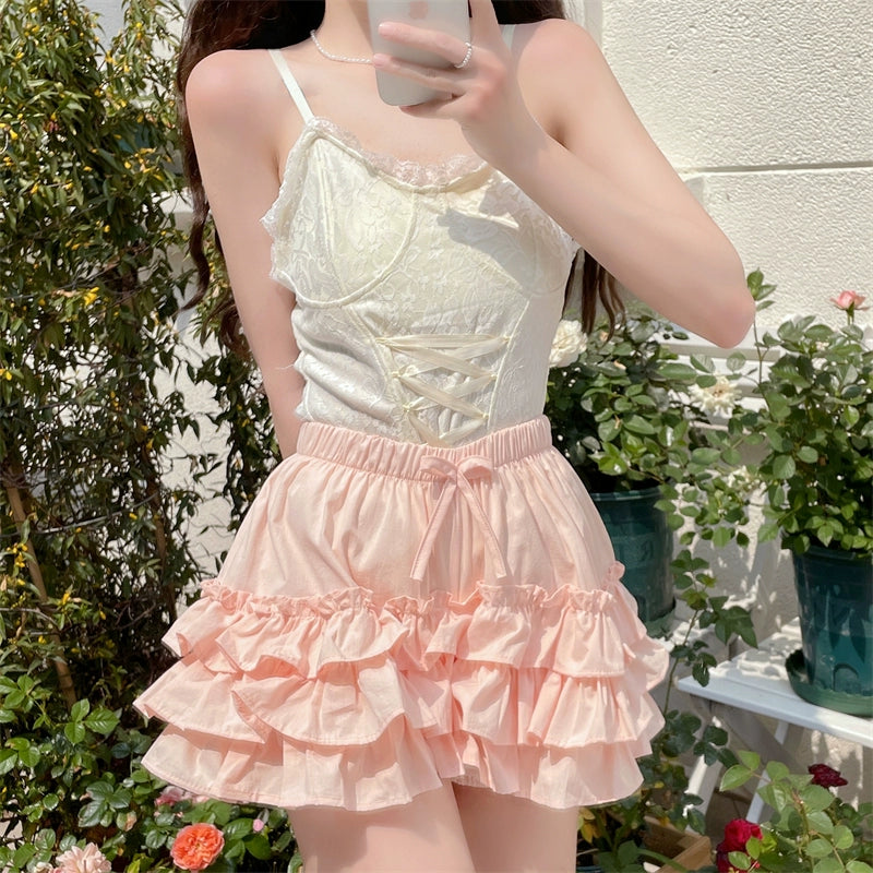Sugar Girl~White Lolita Bloomers Anti-Exposure Pink Ruffle Safety Shorts   